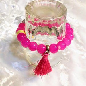 NEW*PINK GLASS BEADS*ELASTIC BRACELET*TASSEL*HAND CRAFTED.